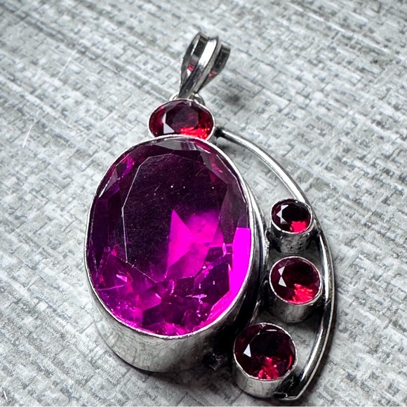 Artisan Silver tone Pendant with Vibrant Pink Crystal and Red Accents - Picture 1 of 7